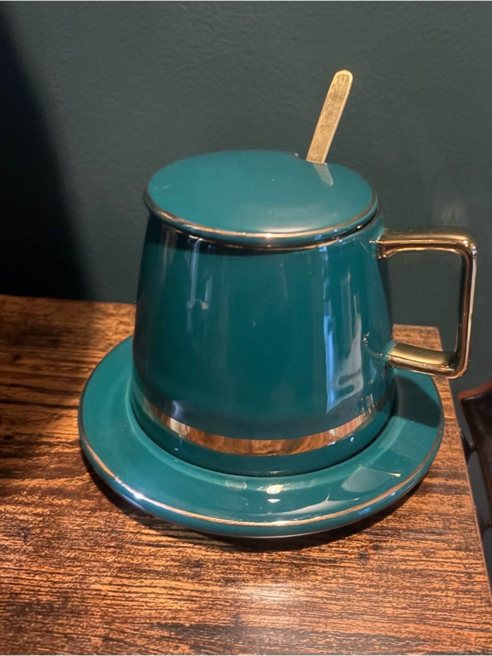 Teal Ceramic Cup with Saucer and Lid - Gold Trim